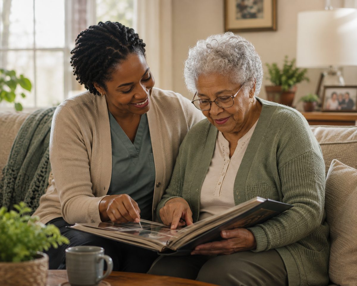 A Free State caregiver and a senior woman looking through a photo album together at home