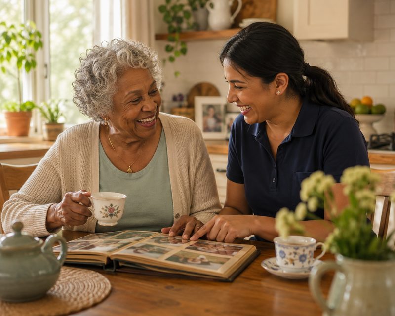 Caregiver and senior woman sharing tea and a photo album at the kitchen table