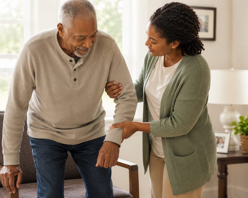 Caregiver helping a senior man stand and move safely at home