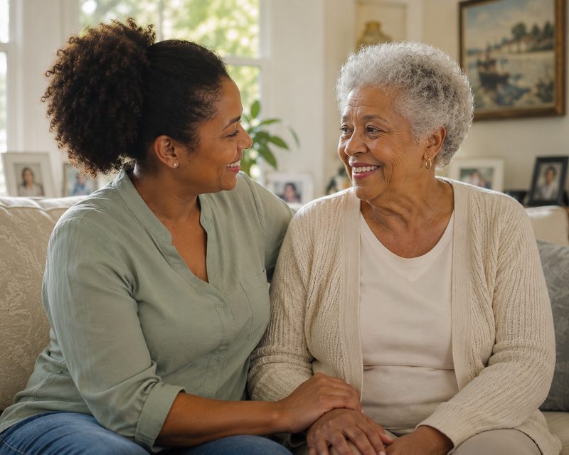 Caregiver and senior woman sitting together on the couch, keeping company