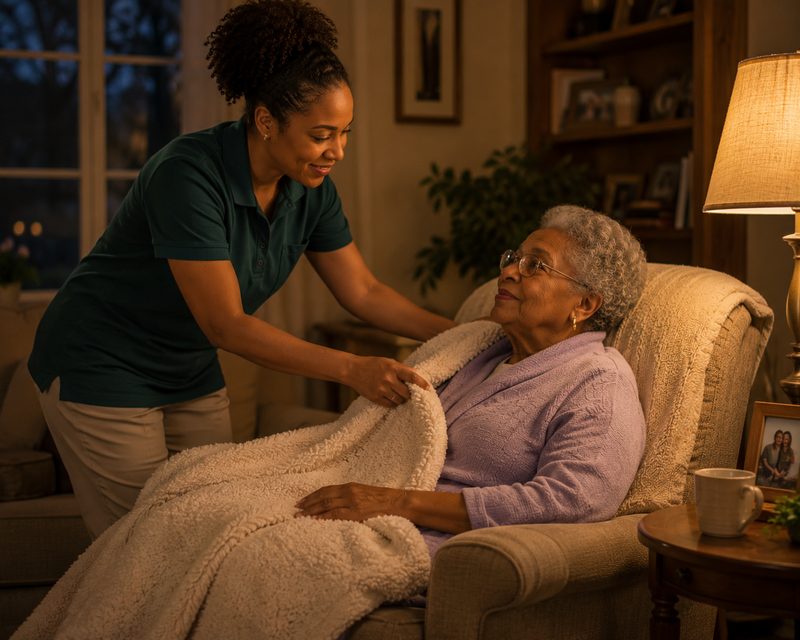 Caregiver gently tucking a blanket around a senior woman in her armchair